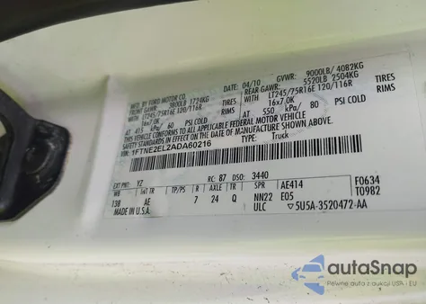 2010 Ford E-250 Commercial/Recreational из США, поврежденный, VIN 1FTNE2EL2ADA60216